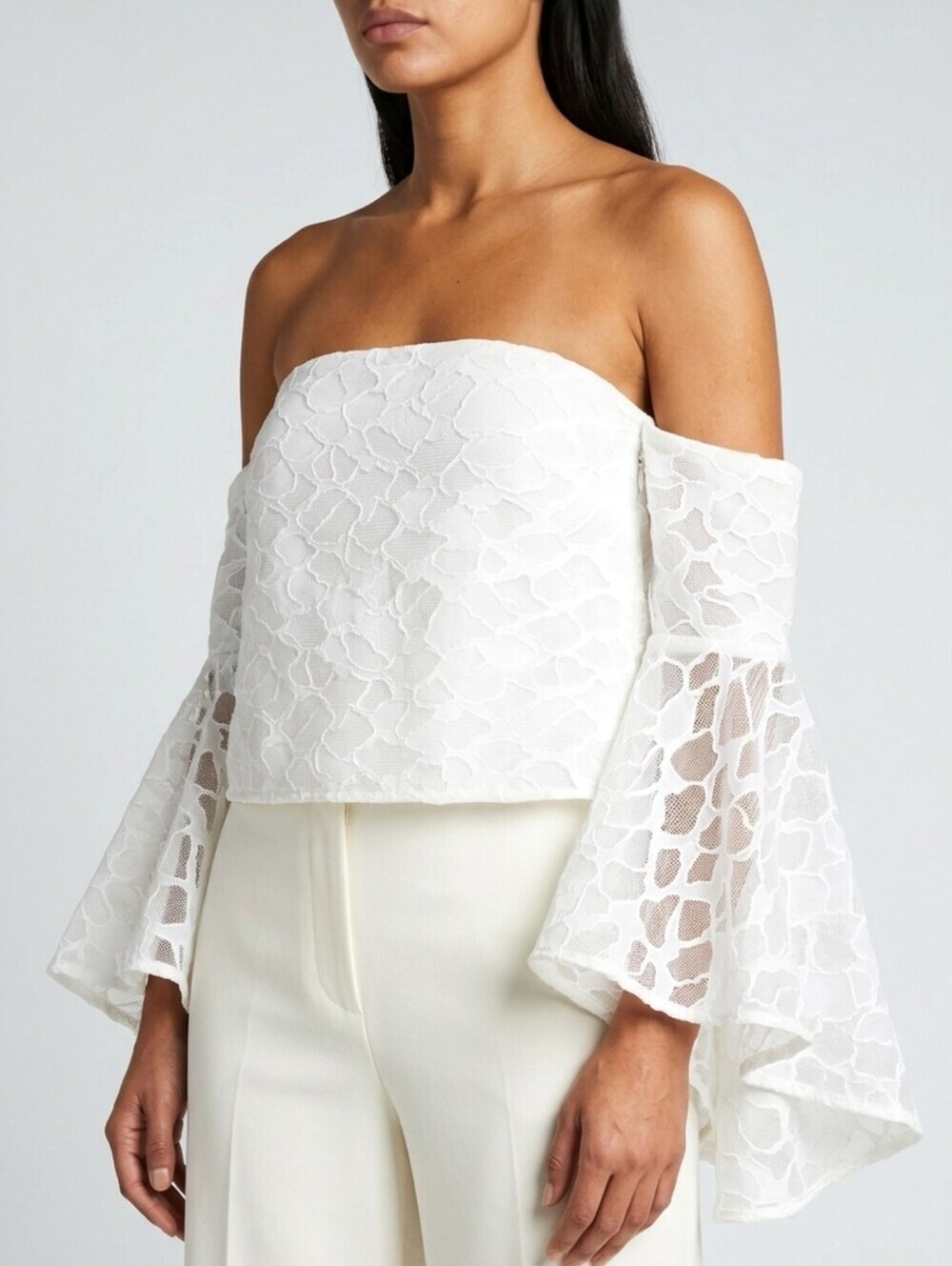 C/MEO Collective White Textured Bell Sleeve Crop Top Bridal XS